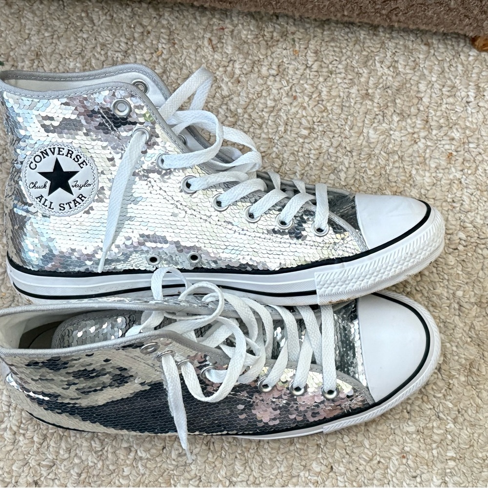 Converse Glitter Silver and Black High-Top Sneakers Size 10